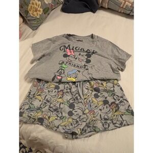 Disney Mickey and Friends Pajama Set Womens XL Gray Shorts Tee 2pc Sleepwear